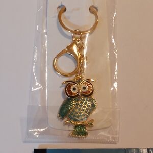 NWT Green And Gold Rhinestone  Owl Bag Charm, Key Chain By Mint